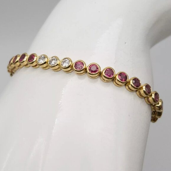 8CT 18KT GOLD STAMPED VS G DIAMOND NATURAL RUBY TENNIS BRACELET - Picture 1 of 5